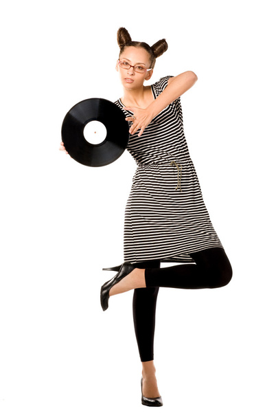 Femme avec plaque de vinyle
 - Photo, image