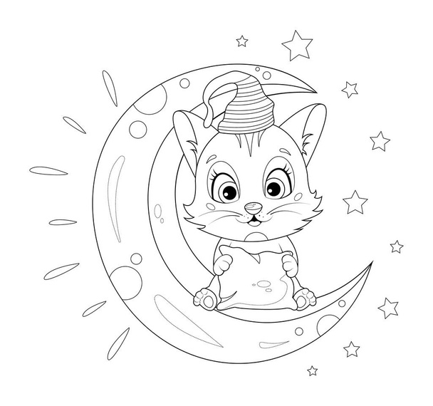 Página para colorear. Gatito lindo de dibujos animados sentado en la luna. Hora de dormir. - Vector, Imagen