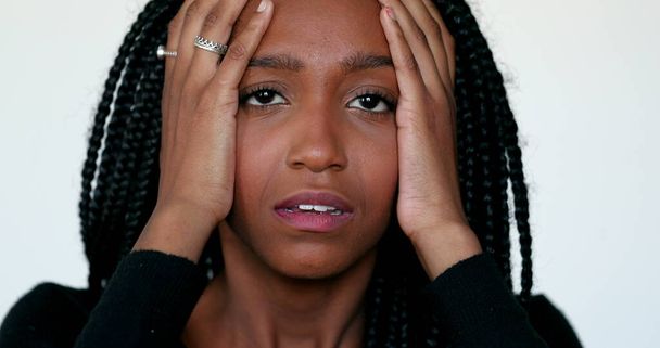 Anxious African black teen girl emotional reaction, teen anxiety attack - Photo, image