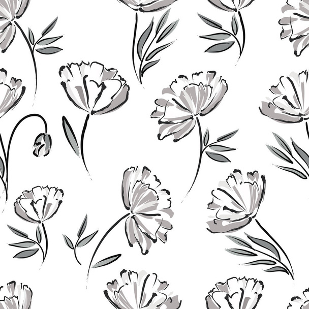 Botanischer Hintergrund aus abstrakten Blumen. nahtlose Muster Sommer floralen Hintergrund. Skizzenhafte Zeichnung schwarzer Umrisse und grauer Striche. Vintage-Stil. Druck auf Tapeten, Einband, Bettwäsche - Vektor, Bild