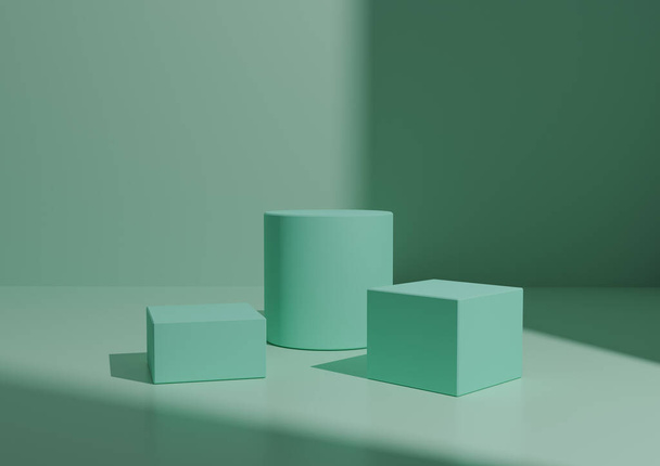 Απλό Minimal Light Turquoise Τρεις βάθρο ή Stand Σύνθεση για την οθόνη του προϊόντος. Γεωμετρική μορφή 3D φόντο αποτύπωσης με φως παραθύρων από τη δεξιά πλευρά. - Φωτογραφία, εικόνα