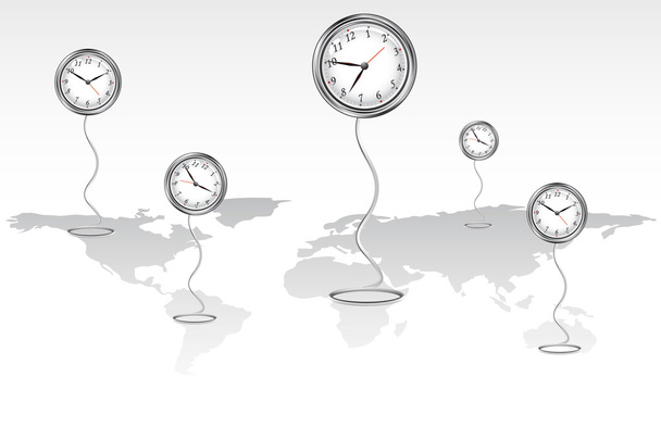 Orologi in piedi sulla mappa del mondo
 - Vettoriali, immagini