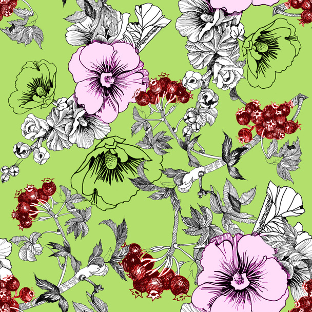 Pattern with petunias and branches - Zdjęcie, obraz