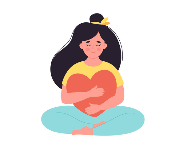 Woman hugging heart. Self love, positive emotion, mental health, freedom, happiness, mental wellbeing. Hand drawn vector illustration - Vector, Image
