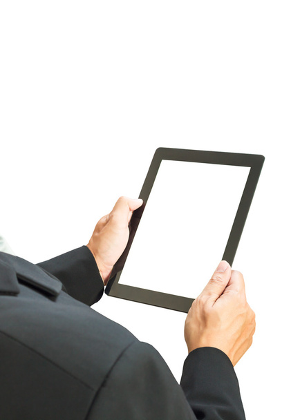 бізнесмен тримає цифровий планшет, порожній екран на білому фоні
 - Фото, зображення