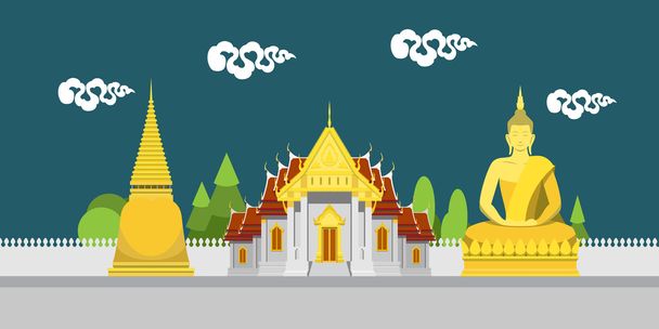 Paisagem de desenho plano de templo de Tailândia
 - Vetor, Imagem
