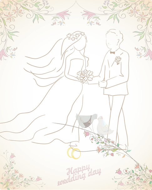 Γάμος εικονογράφηση του γαμπρού και της νύφης με τα δαχτυλίδια. Μπορεί να χρησιμοποιηθεί ως κάρτα ή πρόσκληση - Διάνυσμα, εικόνα
