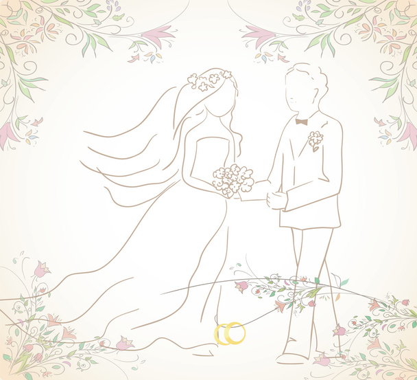 wedding illustration of groom and bride with rings. Can be used as card or invitation - Vector, Image