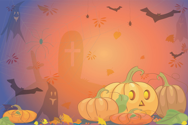 Fondo de fiesta de Halloween con tumba fantasma de murciélago de calabaza y araña
 - Vector, Imagen