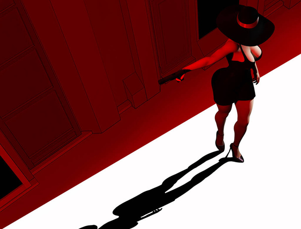 3D-Renderillustration des noir-Stils sexy Detektivin in schwarzem Kleid und Hut stehend und zielend Waffe auf rot getönten Stadt Straße. - Foto, Bild