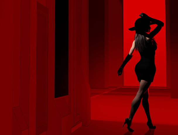 3D-Renderillustration des noir-Stils sexy Detektivin in schwarzem Kleid und Hut zu Fuß auf rot getönten Stadt Straße. - Foto, Bild