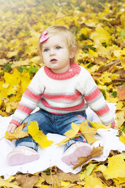 Baby girl with autumn leaves - Fotoğraf, Görsel