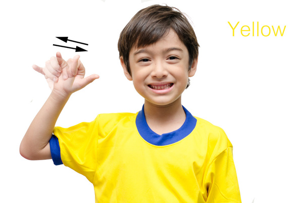 Couleur jaune enfant langue des signes à la main sur fond blanc
 - Photo, image
