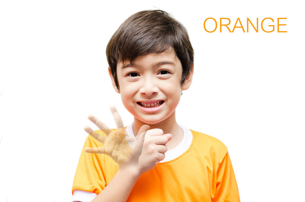 Color naranja niño mano lenguaje de señas sobre fondo blanco
 - Foto, imagen