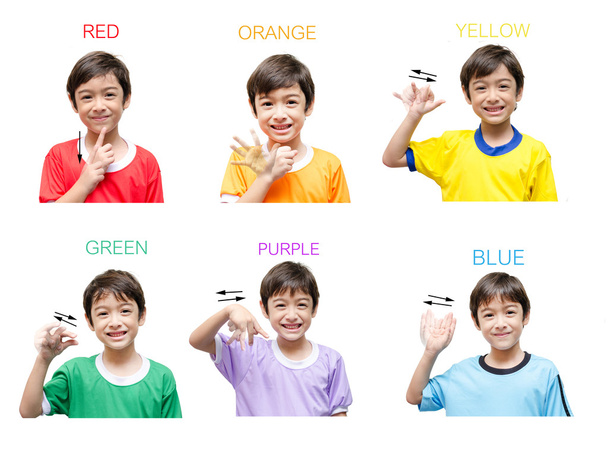 Color kid hand sign language on white background - Photo, Image