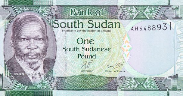 Dr. John Garang de Mabior (1945 - 2005). Portret van Zuid-Soedan 1 Pond 2015 Bankbiljetten. - Foto, afbeelding