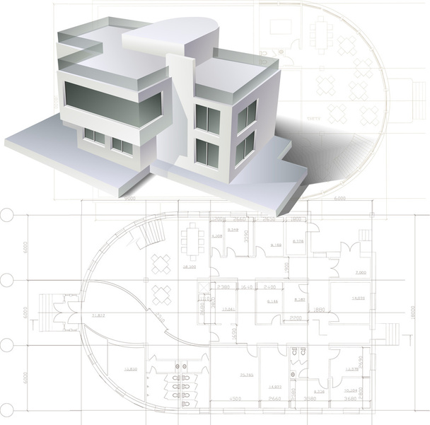 Fondo arquitectónico con un modelo de edificio 3D y dibujos
 - Vector, Imagen