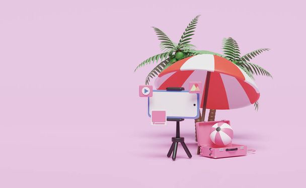 携帯電話、スマートフォン、三脚、スーツケース、傘、ピンクの背景に孤立したボールと3Dソーシャルメディアの夏の旅行。オンラインビデオライブストリーミング、通知コンセプト、 3Dレンダリングイラスト - 写真・画像