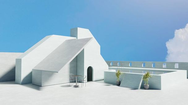 Cottage style with pool villa scene 3D rendering architected wallpaper backgrounds - Fotoğraf, Görsel