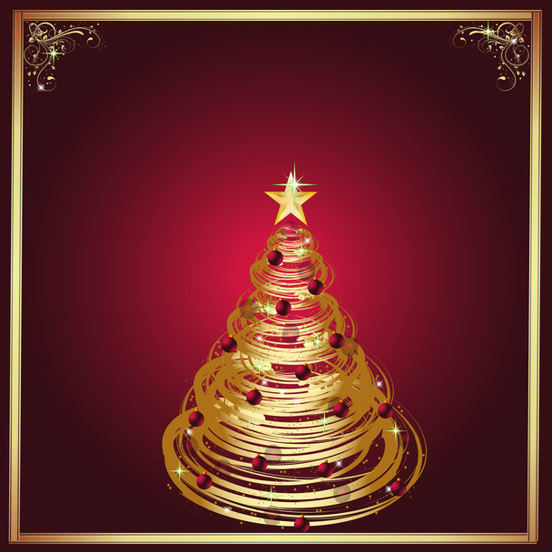 A Golden Holiday Tree in a Frame Over a Maroon Background - Photo, Image