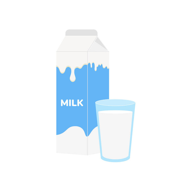 balení mléka, sklenice mléka na bílém, mléčné výrobky na pozadí. Ikona, vektor, ilustrační kreslený styl. - Vektor, obrázek