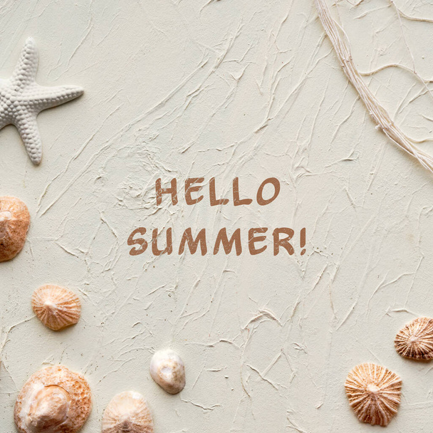 Text Hello Summer. Off white background with starfish, shells, seashells and fisherman net on cream beige off white background. Square composition with motivation text. - Foto, Imagem