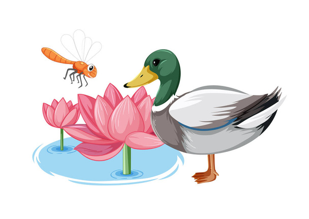 Pink lotus flowers with duck at the pond illustration - Vector, Image