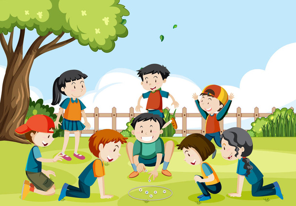 Szabadtéri park gyermekekkel játszani üveggolyók illusztráció - Vektor, kép