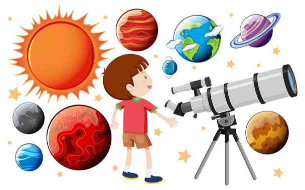 Set von verschiedenen Planeten und Zeichentrickfiguren Illustration - Vektor, Bild