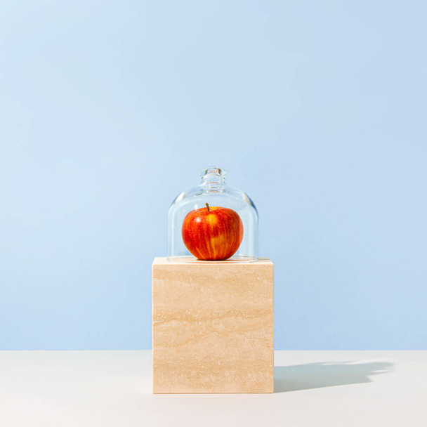 Yhden punainen omena lasin alla kellon travertiini marmori jalusta vastaan vaaleansininen tausta. Abstrakti Lumikki satu käsite. Ainutlaatuinen asetelma suoja ja jyrkkyys koostumus. - Valokuva, kuva
