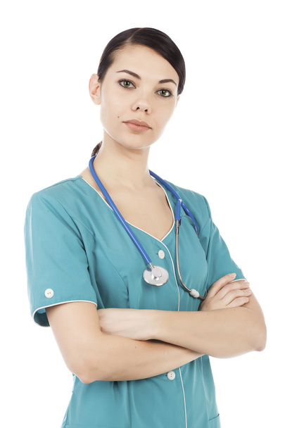 Portrait of female medical doctor or nurse with stethoscope - Фото, изображение