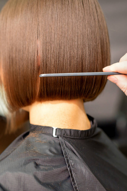 Fryzjer jest czesanie krótkie włosy brunetka kobieta klient w salon fryzjerski, widok z tyłu - Zdjęcie, obraz