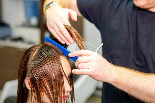 The hairdresser cuts the hair of a brunette woman. Hairstylist is cutting the hair of female client in a professional hair salon, close up - Photo, Image