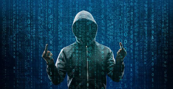 Wanted Hacker is Coding Virus Ransomware Using Abstract Binary Code. Concept of Cyberattack, System Breaking and Malware. - Zdjęcie, obraz