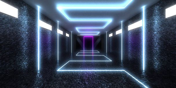 3D abstrakter Hintergrund mit Neonlicht. Neon Tunnel .space Bau. .3d Abbildung - Foto, Bild