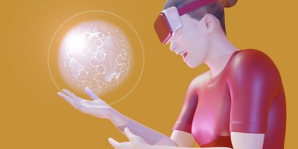 vr眼鏡をかけたホログラム世界の女性仮想現実ナビゲーション技術旅行計画世界地図3Dイラスト - 写真・画像