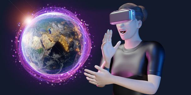 hologram földgömb nő visel vr szemüveg virtuális valóság navigáció technológia utazás tervezés világ térkép 3d illusztráció - Fotó, kép