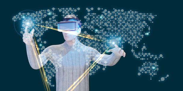 férfi visel vr szemüveg holografikus világ térkép Virtuális érintés és virtuális világ navigációs technológia 3D illusztráció - Fotó, kép