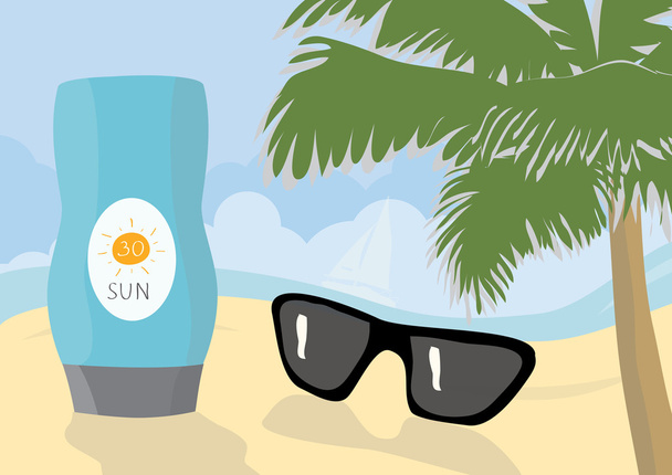 Sun protection cream and sunglasses on a beach - Photo, Image