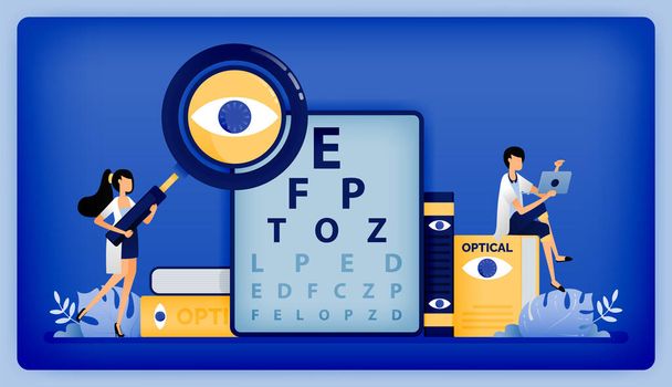 L'illustrazione ottica della salute degli oftalmologi cerca il miglior trattamento dai pazienti con disturbi oculari testati con Snellen. Può essere utilizzato per la pagina di destinazione, web, sito web, poster, applicazioni mobili, volantino, carta - Vettoriali, immagini