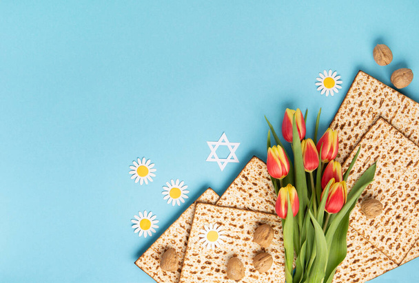 Židovský svátek Koncept pohlednic s matzah, ořechy, tulipány a sedmikráskami na modrém stole. Seder Pesach jarní dovolená pozadí, horní pohled, kopírovací prostor. - Fotografie, Obrázek