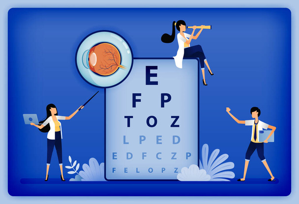 Optické zdraví ilustrace oftalmologa vysvětluje poškozenou část sítnice pomocí oční anatomie a snellen. Lze použít na přistávací stránku, web, webové stránky, plakát, mobilní aplikace, brožuru, reklamy, leták, kartu - Vektor, obrázek