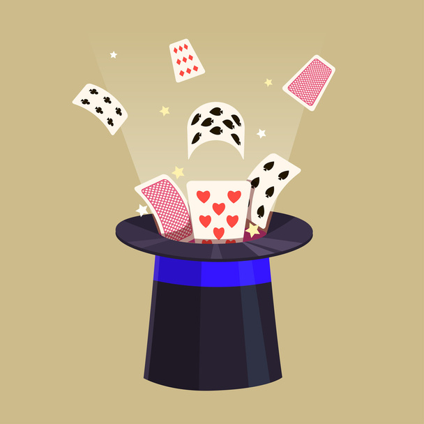 Magic trick. Retro cards and a hat. - Vector, imagen