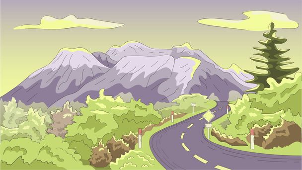 Road in a rural mountain area. Yellow and purple are dominating colours. Alot of bushes and a road on a foreground and mountains on the background. Good for cartoon, presentation, video, web page, ad. - Vector, Image