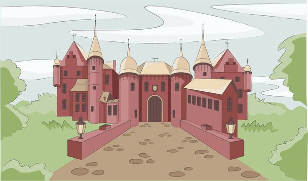 Gotische cartoon kasteel in Oost-Europa. Een stukje architectuur kan goed zijn voor presentatie, video, reclame, webdesign. - Vector, afbeelding