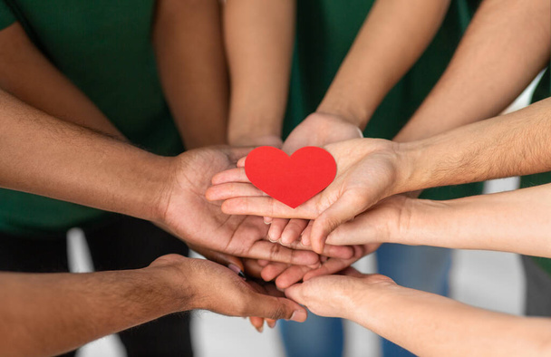 close up of volunteerss hands holding red heart - Φωτογραφία, εικόνα