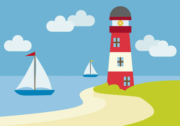 Maritime landscape with lighthouse, sea and sailboats. - Vettoriali, immagini