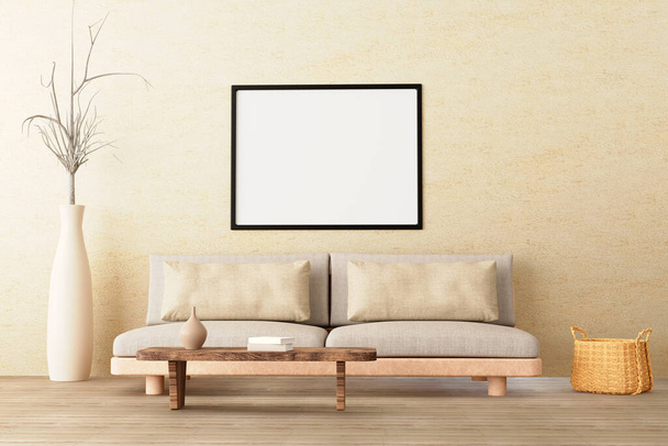 Horizontální plakát maketa v neutrálním stylu interiérového obývacího pokoje s nízkou pohovkou, keramickým džbánem, postranním stolem, proutěným košem a knihami na prázdném betonovém pozadí. 3D vykreslení. - Fotografie, Obrázek