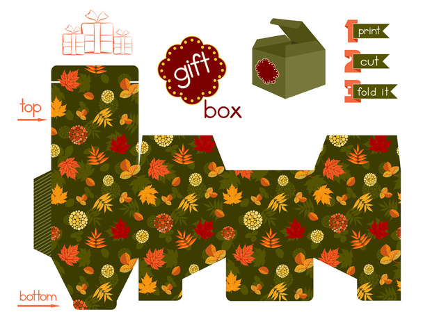 Printable Gift Box With Autumn Leaves - Vector, Image