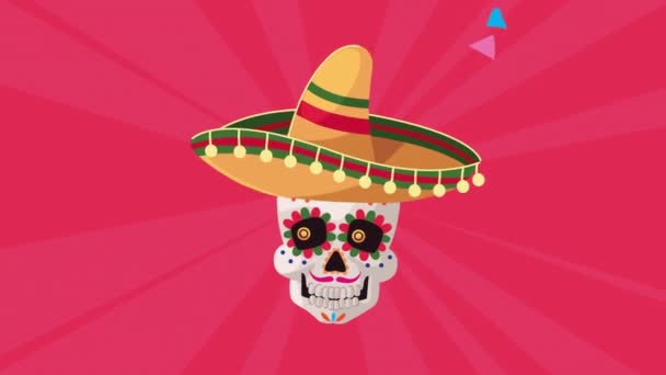 анимация мексиканской культуры с черепом мариачи и шляпой - Кадры, видео